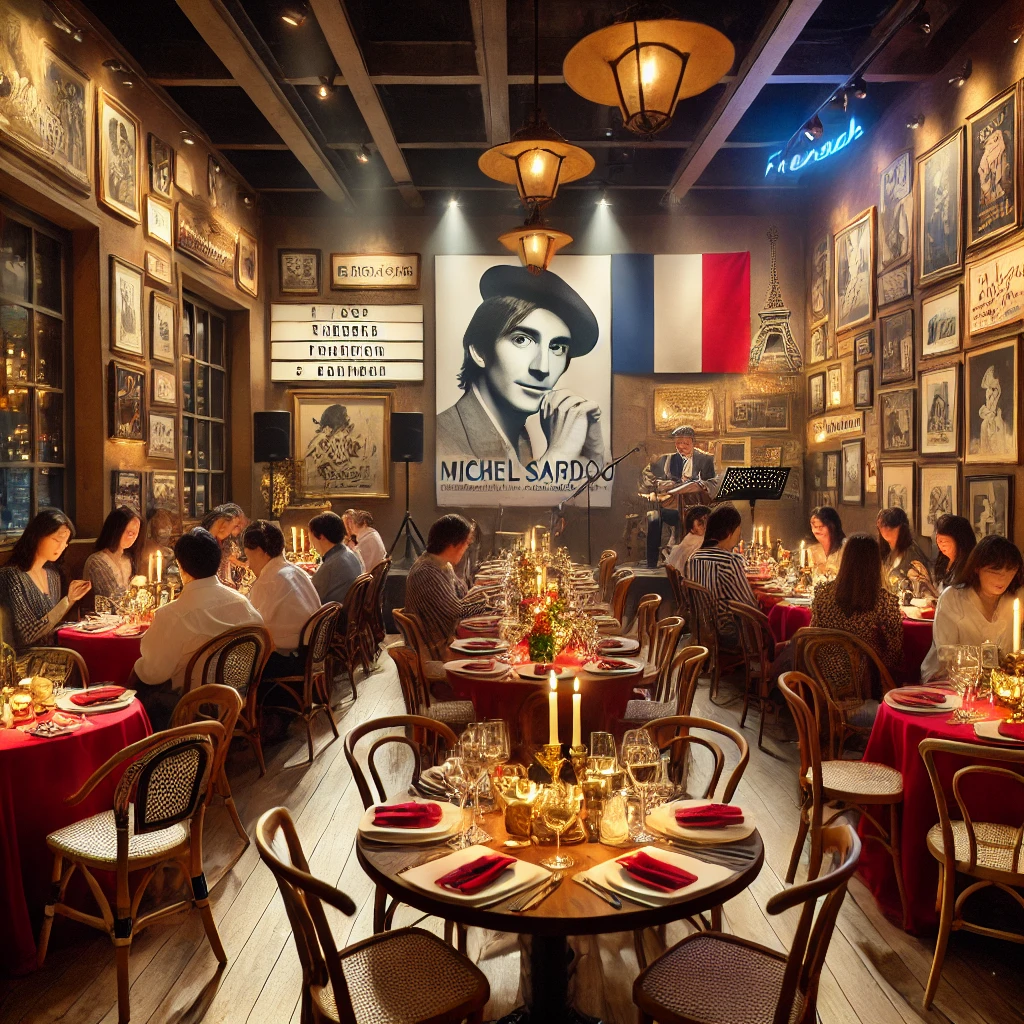 undefined A cozy French restaurant interior decorated for a themed event, featuring dim lighting, wooden tables, and chairs, with classic music memorabilia on the walls. A large poster of French singer Michel Sardou is prominently displayed. Some tables are adorned with candles, red tablecloths, and wine bottles, while a stage is set up in the corner with a microphone, ready for a performance. Guests are seated, enjoying wine, French dishes, and talking in a warm, lively atmosphere.
